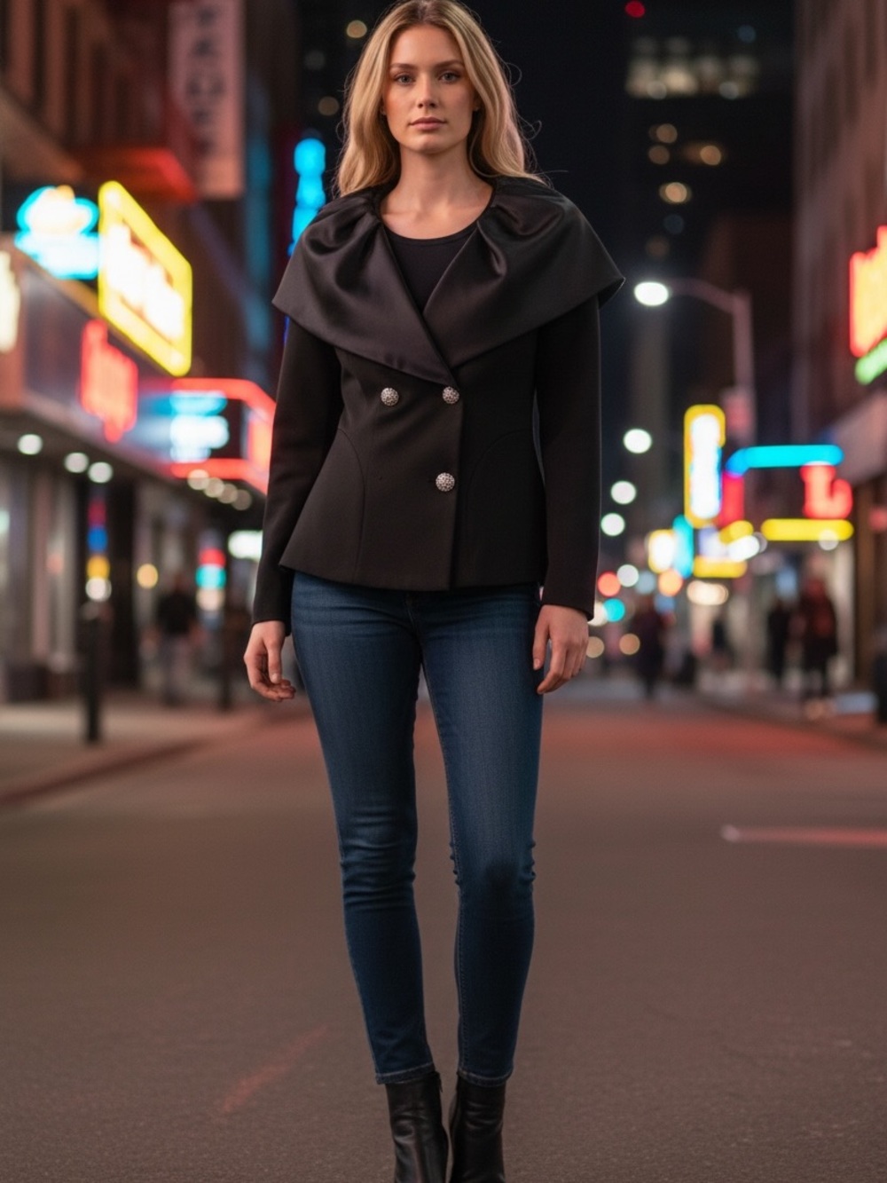 Betsey Johnson Black Draped Collar Double-Breasted Blazer with Jeweled Buttons